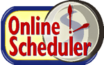 Online Scheduler -  a gray clock with red hands